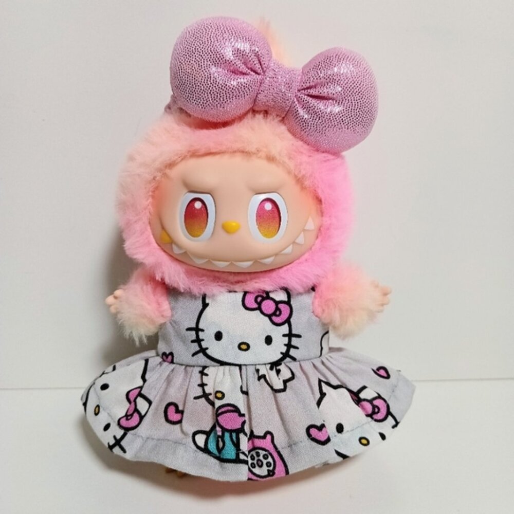 Custom Hello Kitty Dress and Metllic Bow Made to fit Labubu